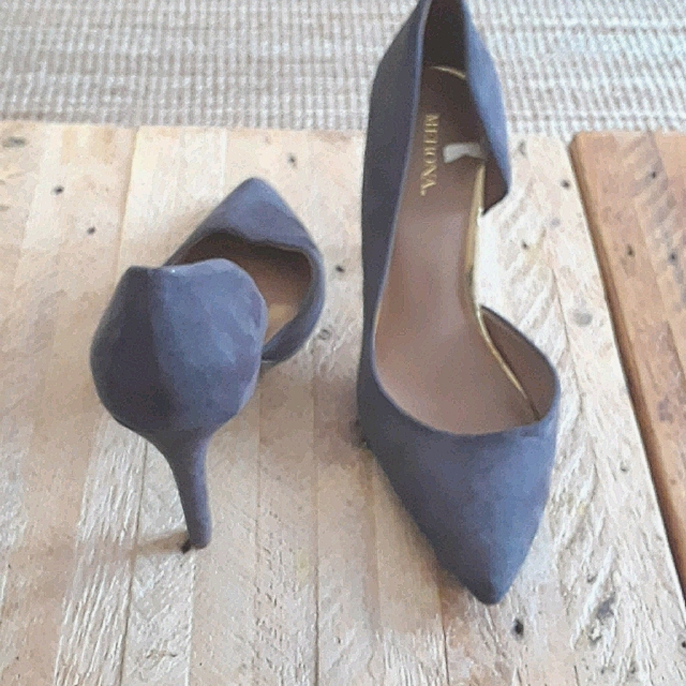 Grey faux suede open side heels